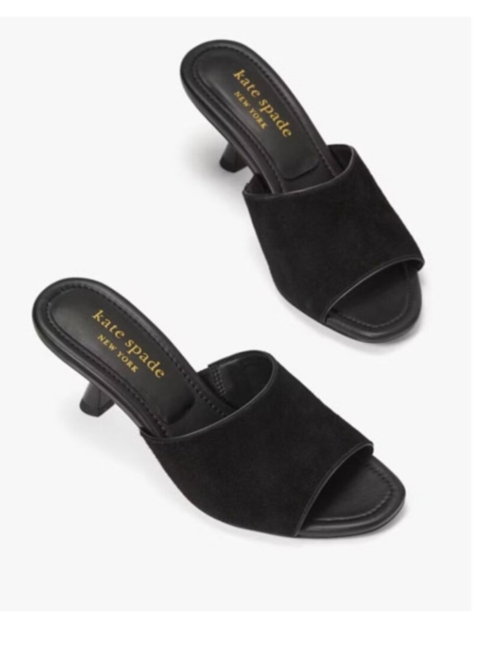 kate spade Black Suede Open-Toe Mule Heels with Low Kitten Heel